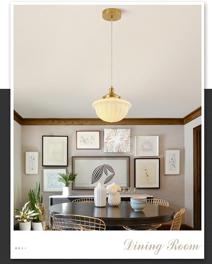Schoolhouse Milk White Glass Pendant Light,9" Adjustable Hanging Pendant Light, Gold Mid Century Light Fixtures for Bedroom Diningroom Hallway Entryway