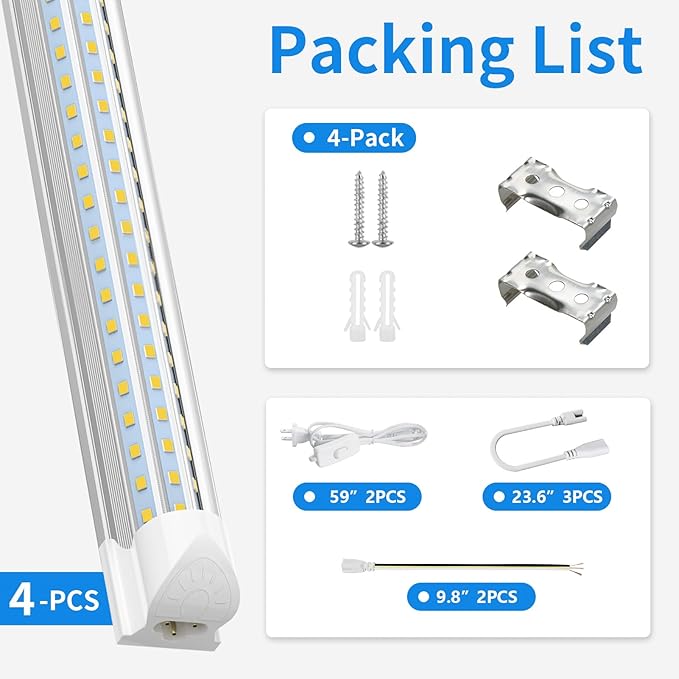 SHOPLED LED Shop Light 4FT, 48W 5000K Daylight White, 7200LM D-Shape 300° Beam Angle, Linkable T8 LED Tube Lights Fixtures, 4 Foot Shop Lights for Workshop Garage Basement, ETL Listed, 4 Pack