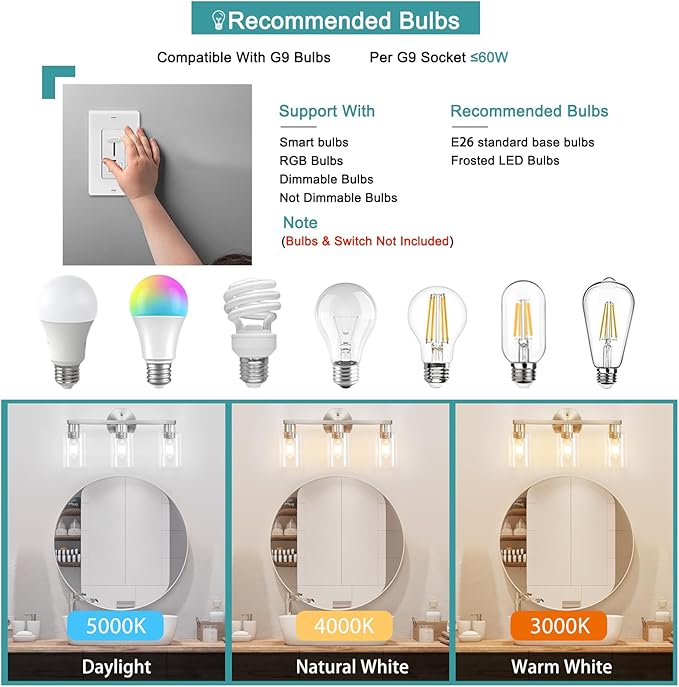 Brushed Nickel Bathroom Light Fixture 3-Light Bathroom Vanity Light Brushed Nickel 3 Light Vanity Lights for Bathrrom with Clear Glass Shades for Living Room Bedroom(E26 Socket)