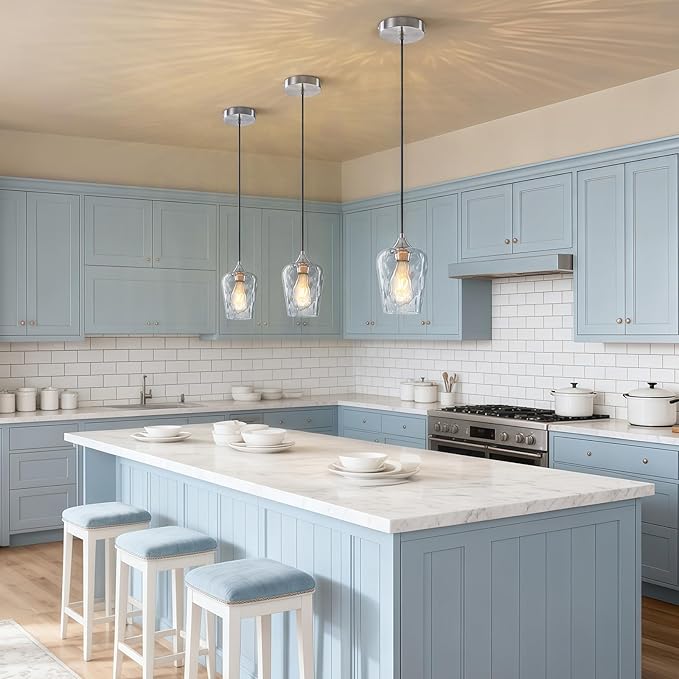3 Pack 5.1" Kitchen Pendant Lights, Small Brushed Nickel Hammered Glass Pendant Light Fixtures, Mini Modern Pendant Lights Kitchen Island Lighting for Dining Room Over Sink