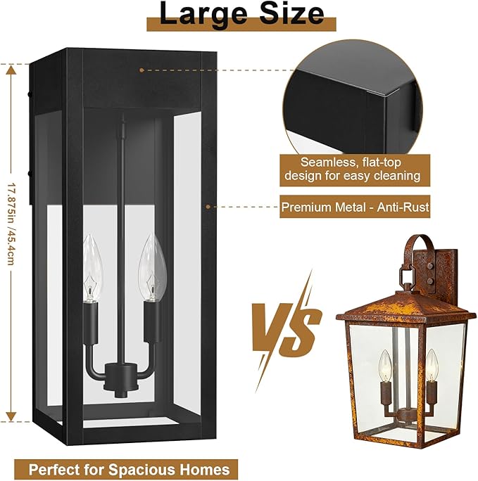 2-Pack 17.87" Extra Large Outdoor Wall Lights with GFCI Outlet, Black 2-Light Porch Lights Outdoor, Waterproof Exterior Lamp with E12 Sockets for House, Porch, Patio, Garage