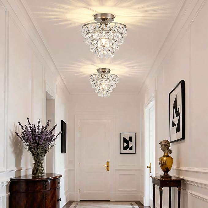 Mayful Modern Crystal Ceiling Light Fixture Chrome Semi Flush Mount Ceiling Chandelier Mini Ceiling Light for Hallway Bedroom Bathroom Living Room E26