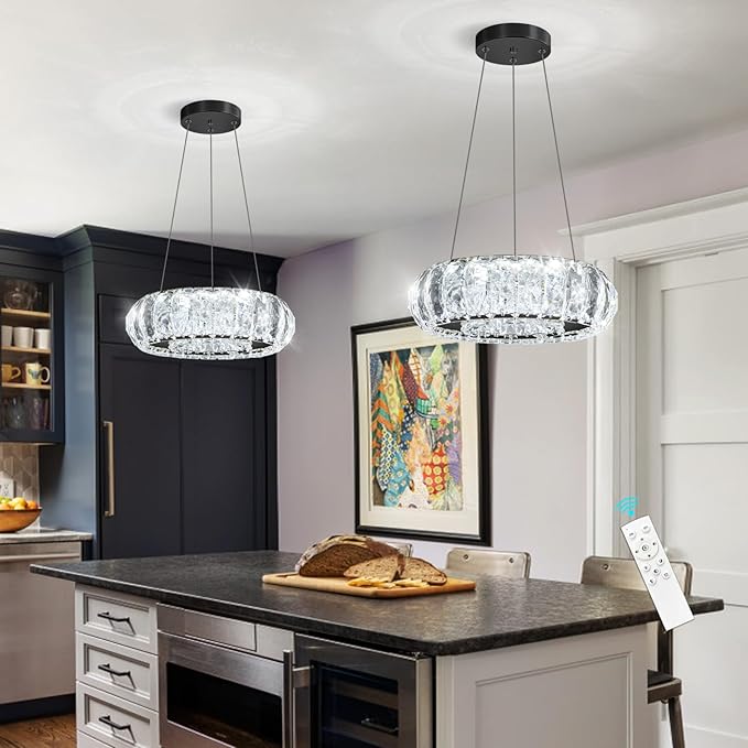 HAIXIANG Crystal Round Chandelier Modern LED Dining Pendant Lights for Kitchen Island Dining Room Remote Dimmable Hanging Light Entrance Bedroom Lighting Black