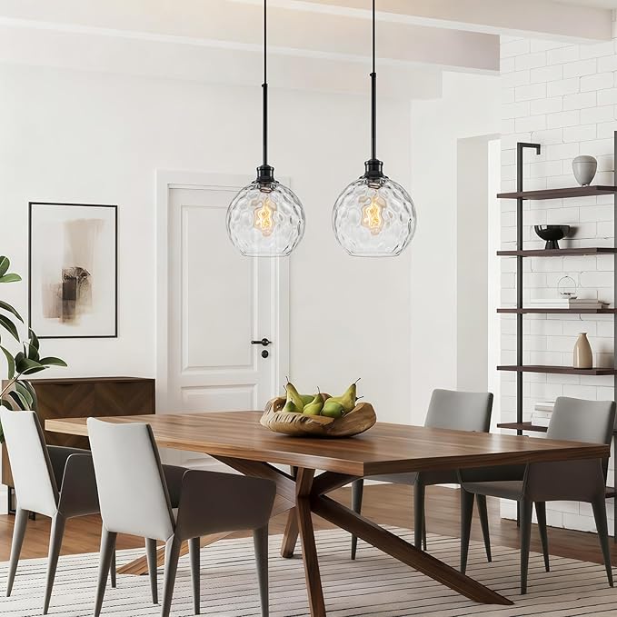 Globe Pendant Light Fixtures, 2 Pack Glass Black Pendant Lights Kitchen Island with 7.8" Clear Hammered Glass, Adjustable Hanging Island Lights for Kitchen Bathroom Sink Entryway Dining Room