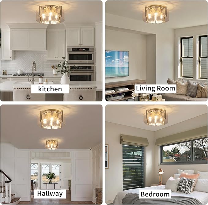 Nickel Semi Flush Mount Ceiling Light Fixture, 17.7-Inch Glass Drum Flush Mount Light Modern Foyer Lighting Fixtures Farmhouse Kitchen Lights for Entryway Hallway Bathroom Laundry Room Bedroom