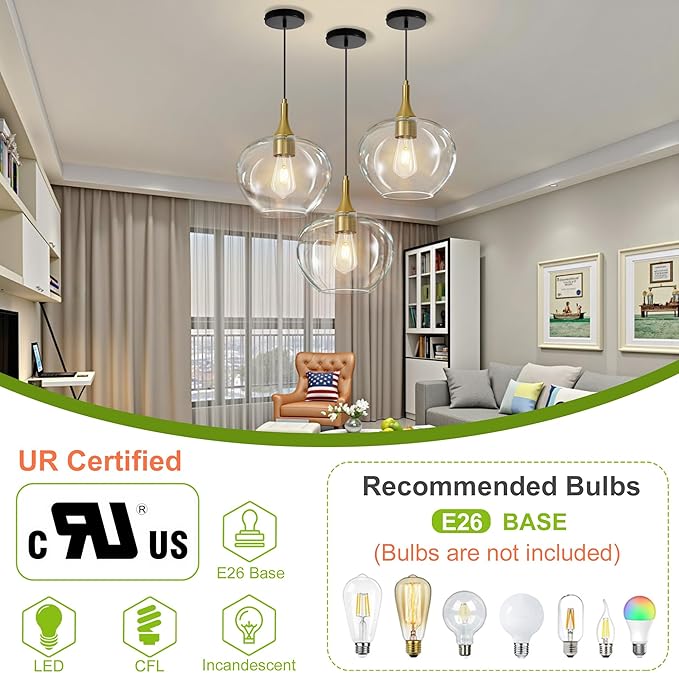 Glass Pendant Lights Kitchen Island, 9.45'' Black Gold Pendant Lighting Fixtures, Modern Hanging Ceiling Light with Clear Glass Shade for Farmhouse Dining Room Bedroom Hallway(1 Pack)