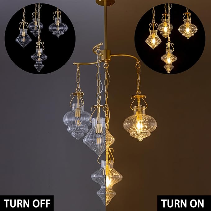 TOCHIC Modern Glass Pendant Light, 4 Light Gold Cluster Pendant Chandelier with Clear Ribbed Glass, Adjustable Hanging Light Fixture for Dining Room, Kitchen Island, Bedroom, Foyer