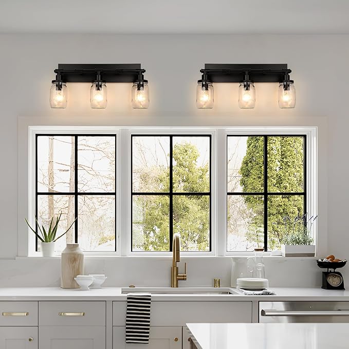 3-Light Bathroom Vanity Light, Black Bathroom Light Fixtures over Mirror, Vintage Wall Sconces with Clear Glass Shade, Industrial Farmhouse Mason Jar Wall Lamp for Bedroom Hallway Living Room