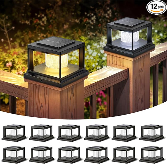 FOLKSMATE Solar Post Cap Lights 12 Pack, 2 Lighting Modes Cool/Warm White Outdoor Solar Powered, Waterproof Fence Deck Lights for 4×4 3.5×3.5 Wood Vinyl Posts, for Garden Patio Porch Decor, Black
