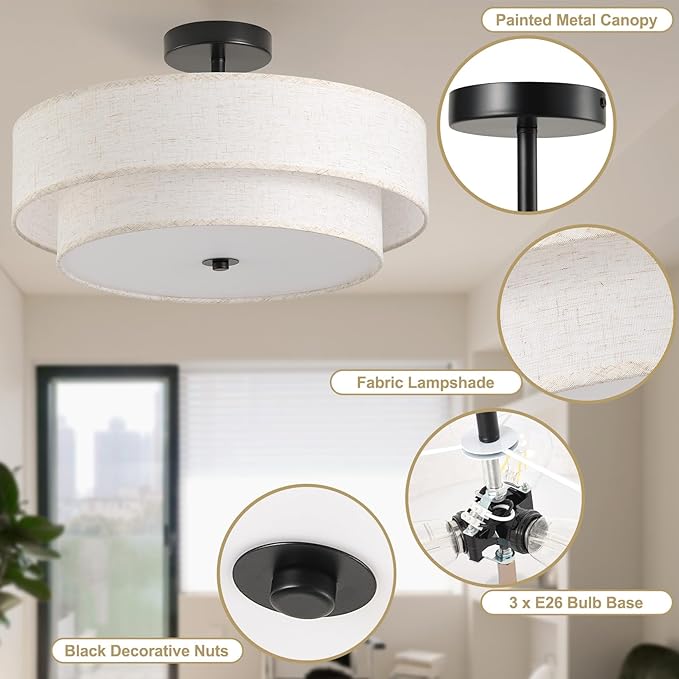 17.7" Close to Ceiling Light Fixtures, Black Semi Flush Mount Ceiling Light Fixtures with 2-Tier Drum Fabric Lamp Shade, Modern Ceiling Light Fixtures Flush Mount for Bedroom Hallway Nursery