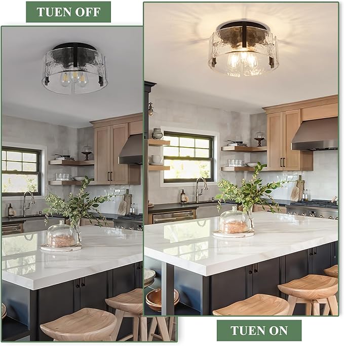 Black Semi Flush Mount Ceiling Light Fixture, Modern Glass Drum Ceiling Lights, 3-Light Hallway Light Fixtures for Kitchen Island, Bedroom, Bathroom, Laundry Room, Entryway