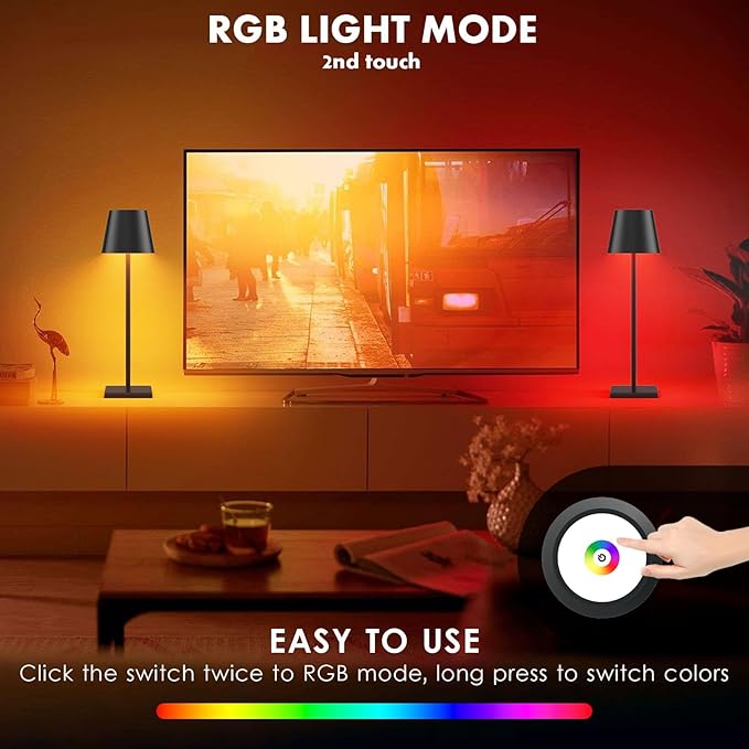 2 Pack LED Cordless Table Lamp with RGB & Stepless Dimming Rechargeable Battery Desk lamp 3W 5000mAh Battery Operated with Modern Portable Table Light for Indoor/Outdoor IP54 Waterproof (Black)