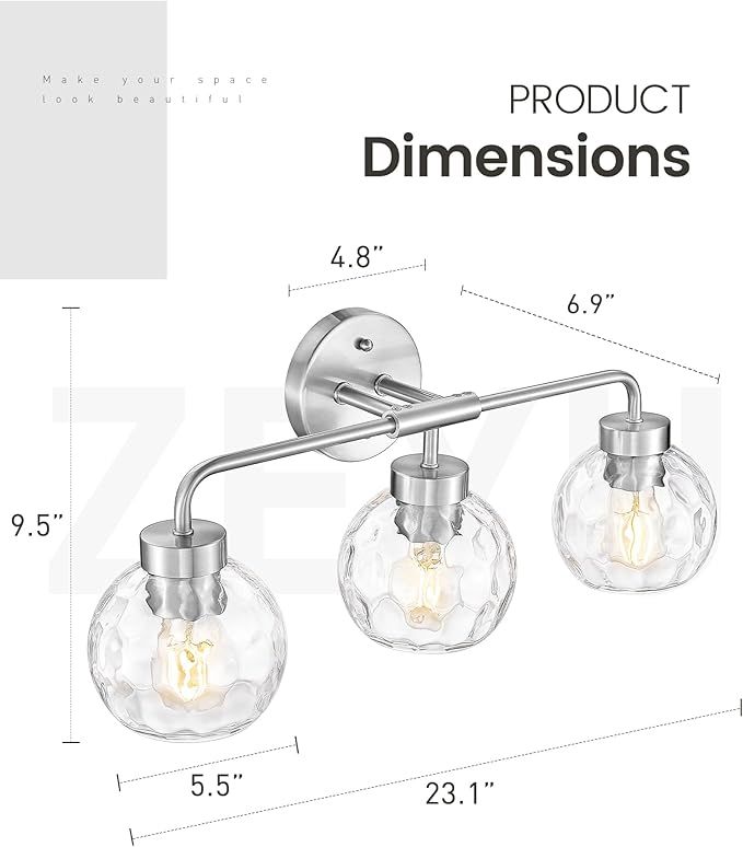 zeyu Brushed Nickel Bathroom Light Fixtures, 23 Inch 3-Light Modern Vanity Light Over Mirror with Water Ripple Globe Glass, Brushed Nickel Finish, ZS62BG-3W BN-WG