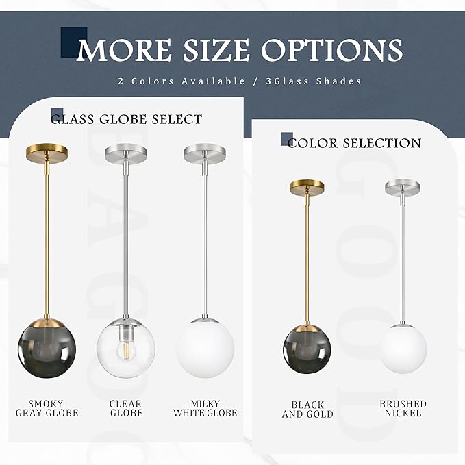 Bagood 14 Inch Globe Pendant Light Nickel Large Globe Pendant Lights Kitchen Island Mid Century Light Fixture with Milky White Glass Adjustable Hanging Lights for Living Room Foyer (Bulb Included)