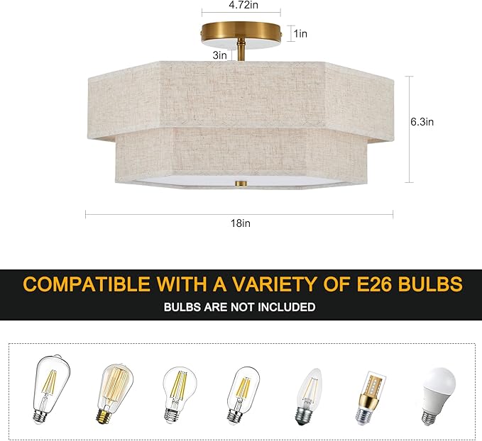 Modern Semi Flush Mount Ceiling Light 18" Modern Gold Drum Ceiling Lighting Fixture with Linen Shade Vintage Ceiling Lamp for Living Room, Bedroom, Kitchen, Dining Room, Hallway, and Entryway