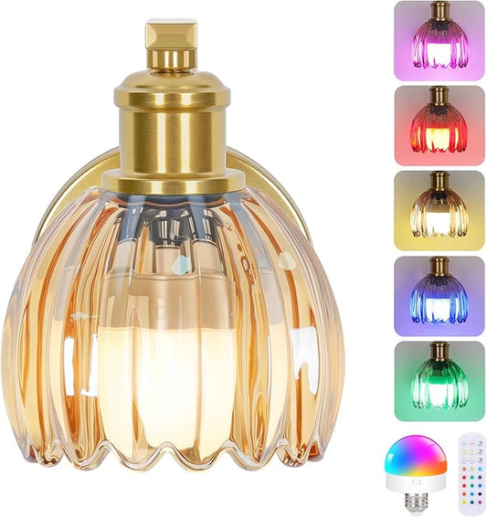 VerRon Rechargeable Battery Operated Wall Sconce with Amber Glass Lampshade, Wireless Wall Scone Decor with Remote Control, 15 Colors Gold Wall Light for Bedside Hallway Bedroom Doorway