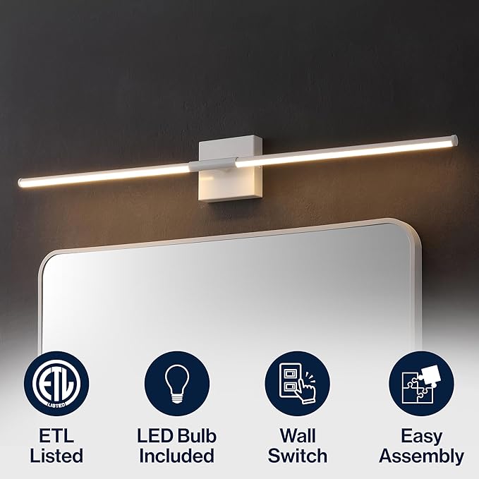 JONATHAN Y 32" White Modern Dimmable Integrated LED Wall Sconce, Minimalist Adjustable Metal Vanity Light for Bathroom Mirror, Bedroom, Hallway, 3000K, ETL Listed (JYL7040G)