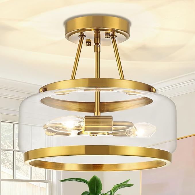 11.81" Gold Semi Flush Mount Ceiling Light Modern Glass Drum Ceiling Light Fixture 3-Light Ceiling Lights for Hallway Entryway Bedroom Kitchen Dining Room Laundry Room Close to Ceiling Light Fixtures