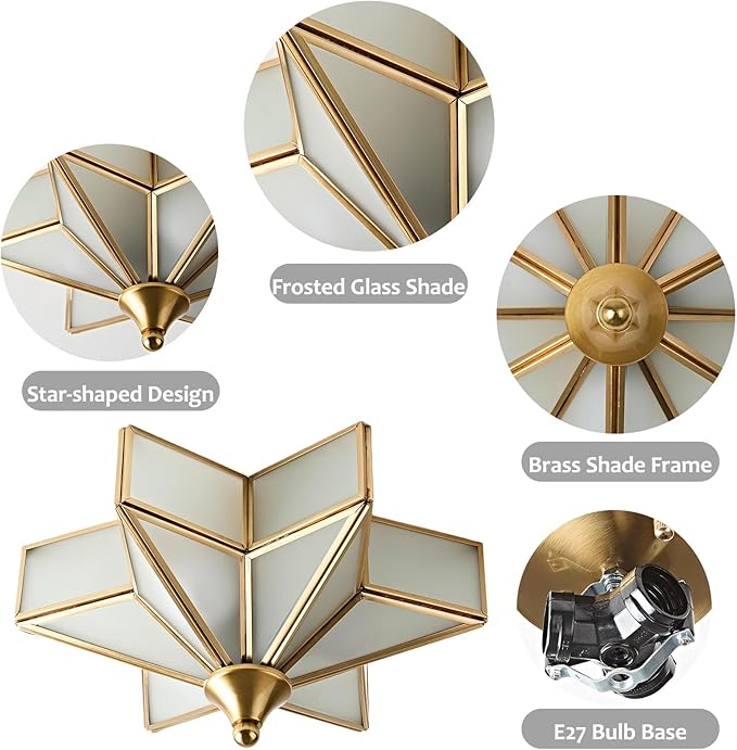 LIGHTLAND 11.8 Inch Flush Mount Star Ceiling Light, 3 Lights Brass Ceiling Lamp with Glass Lampshade, Art Deco Close to Ceiling Light Fixtures for Entryway Hallway Porch, Gold