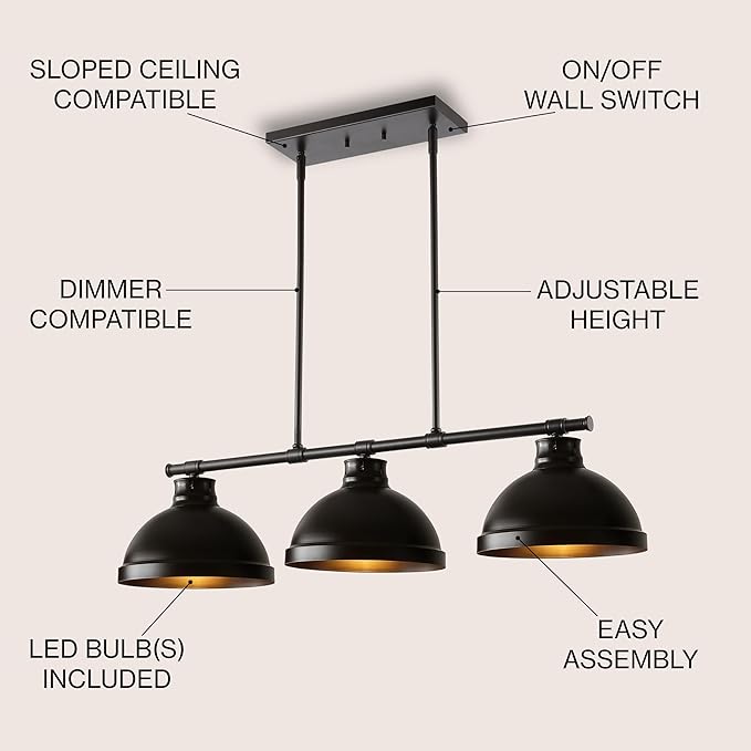 JONATHAN Y 36" Oil Rubbed Bronze 3-Light Iron Linear Pendant Light, Industrial Modern Farmhouse Fixture for Kitchen Island Dining Room, Adjustable Height, LED Bulbs Included JYL1117A
