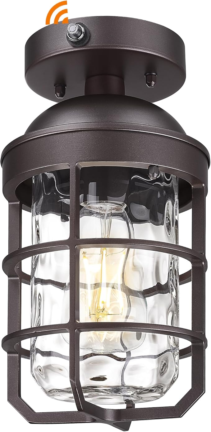 Emliviar Farmhouse Ceiling Lamp in Oil Rubbed Bronze Finish, Dusk to Dawn 11" Semi Flush Mount Ceiling Light Fixture with Water Ripple Glass Shade, GE255LF-PC ORB-WG