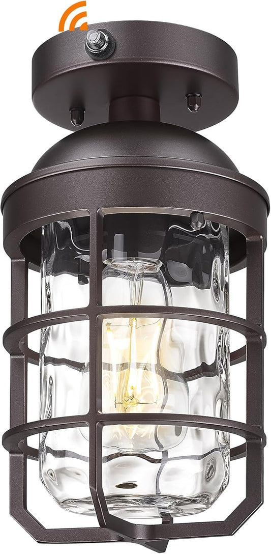 Emliviar Farmhouse Ceiling Lamp in Oil Rubbed Bronze Finish, Dusk to Dawn 11" Semi Flush Mount Ceiling Light Fixture with Water Ripple Glass Shade, GE255LF-PC ORB-WG