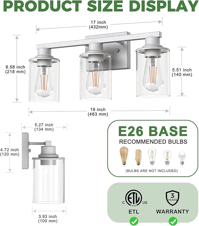 DORESshop 17 Inch Bathroom Light Fixtures, 3-Light Vintage Ivory Bathroom Lighting Fixtures Over Mirror with Clear Glass Shade, Vanity Lights for Living Room Bedroom