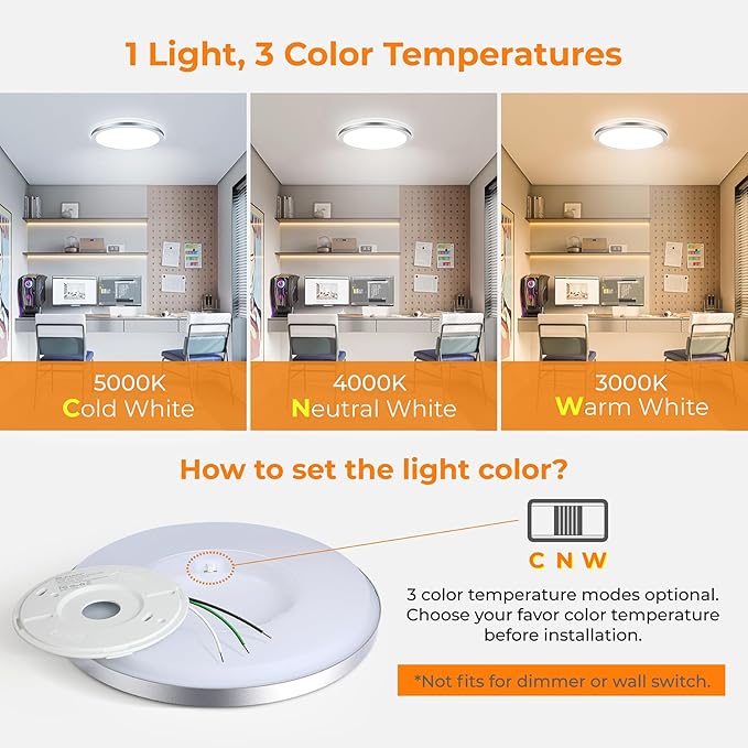 BLNAN LED Flush Mount Ceiling Light Fixture, Super Slim 12 Inch 24W LED Ceiling Light, 3000K/4000K/5000K Selectable Ceiling Lamp - Round Flat Ceiling Lights Flush Mount for Kitchen Bathroom Shower