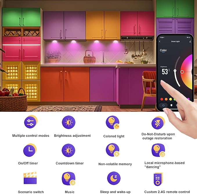 6 PCS Aluminum Round WiFi RGB Under Cabinet Lights Kit,Compatible with Alexa,Google Assistant,App and 2.4G RF Remote,Music Sync LED Light with Timmer Dimmable Under Counter Lights for Kitchen Bedroom