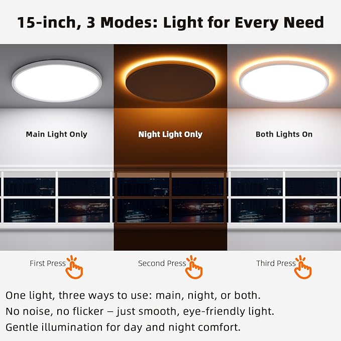 15 Inch LED Flush Mount Ceiling Light Fixture with Night Light, 30W 3000LM, 5CCT (2700K- 6500K) & Dimmable, White Round Ceiling Light for Bedroom, Kitchen
