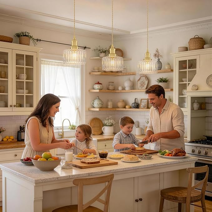 Vintage Pendant Lights for Kitchen with Clear Striped Glass Shade, 6.9 In Brushed Gold Pendant Lights Kitchen Island, Small Kitchen Island Lighting Adjustable Hanging Light for Entrance Hallway