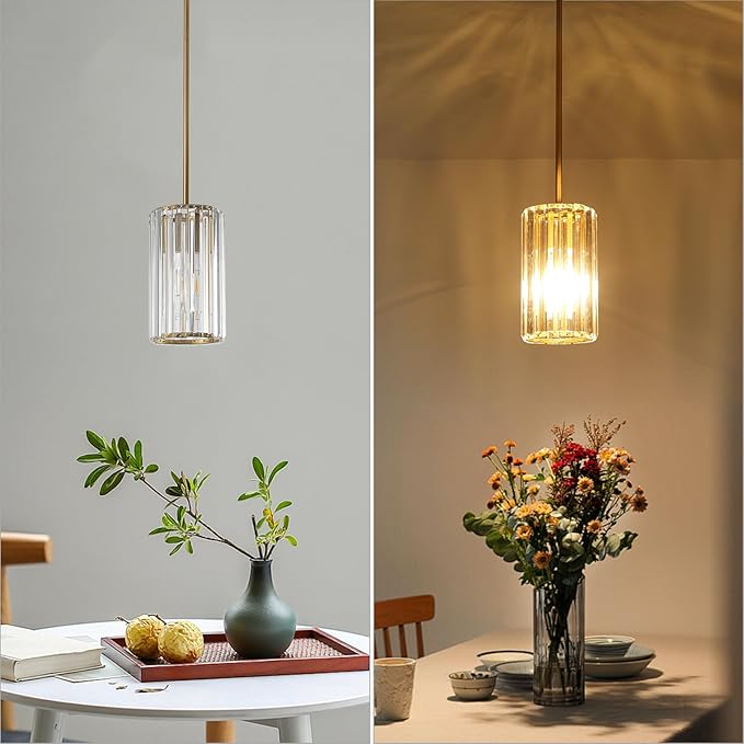 Gold Modern Crystal Pendant Lights Hanging Light Fixture, 2 Pack Pendant Lights Kitchen Island Adjustable Mini Pendant Lighting Fixtures for Kitchen Island Dining Room Hallway Bedroom