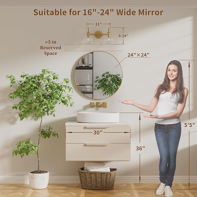 2-Light Gold Bathroom Light Fixture, Modern Bathroom Vanity Light Over Mirror Two Light Brushed Gold Vanity Lights for Wall Sconce Lighting, E26 Base,Gold