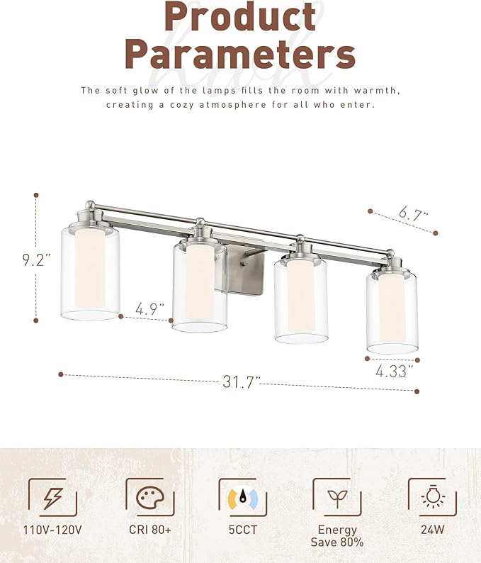 HWH 4 Light Modern Bathroom Vanity Lights Over Mirror, Brushed Nickel Dimmable 24W LED, 5CCT