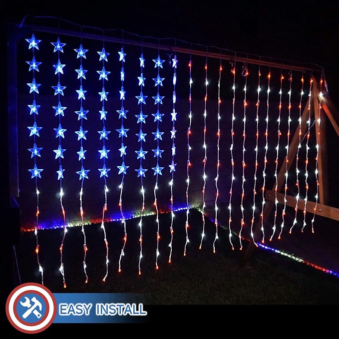 Russell Decor American Patriotic Flag Lights Curtain Lights with Stars Outdoor Indoor Waterproof Festival Party Red White Blue (6 ft x 3.5 ft)
