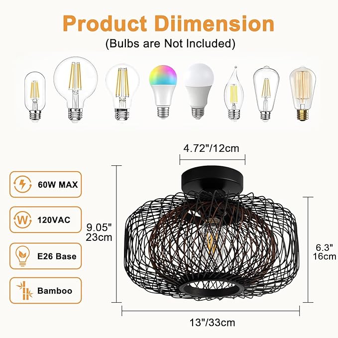 13" Black Boho Rattan Ceiling Light - Handwoven Bamboo Shade, Matte Black Base, Flush Mount Farmhouse Lighting for Bedroom, Living Room (Brown Interior, E26)