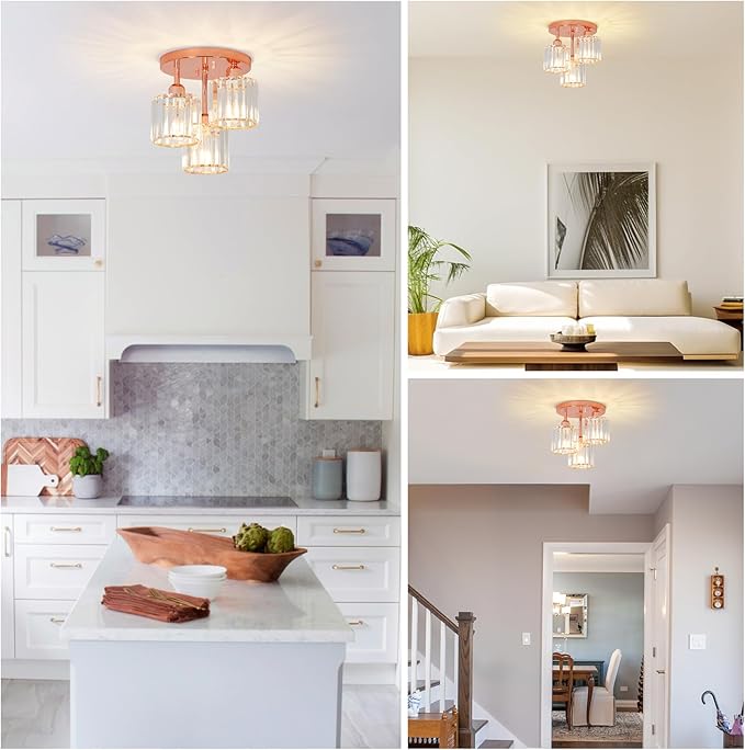 Crystal Semi Flush Mount Ceiling Light,3-Light Modern Kitchen Lighting Fixtures,Rose Gold Dining Room Light Fixture with Clear Crystal Shade，Ceiling Light Fixture for Bedroom Bathroom