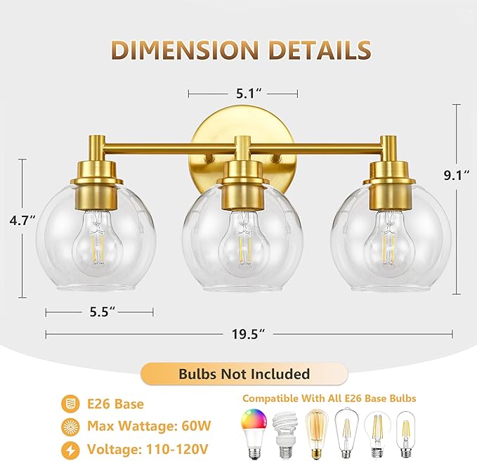 Gold Bathroom Vanity Lights, 3-Light Wall Sconce with Glass Globe Shade, Vanity Lighting for Bathroom/Bedroom/Dressing Room, Vertical/Horizontal Mounted, E26 Bulb Base (Bulb Not Included)