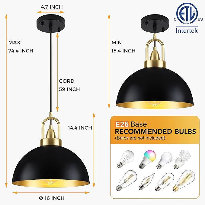 16'' Large Black Pendant Lights for Kitchen Island Lighting, 2-Pack Modern Farmhouse Industrial Dome Hanging Ceiling Pendant Lighting Fixture for Dining Room, Bar, Living Room