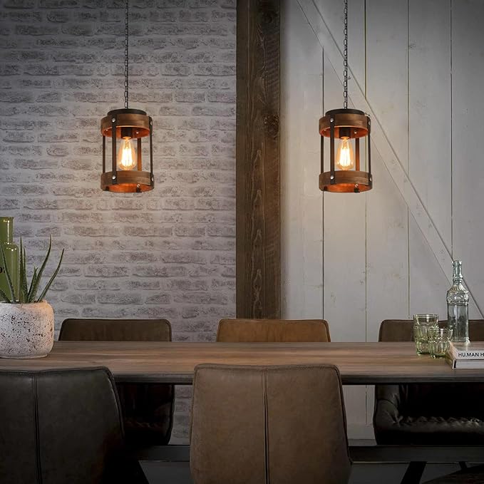 2 Pack Rustic Farmhouse Plug in Pendant Light Fixture with Adjustable Chain, Dimmable Switch, Oak Wood and Metal Drum Cage Mini Hanging Lamp for Kitchen Island Living Room Hallway Farmhouse, Black
