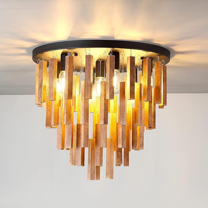 7-Light Flush Mount Wooden Ceiling Light - Rustic Oak and Black Ceiling Lamp with E26 for Farmhouse Kitchen, Dining Room, Living Room, Bedroom, Foyer, Hallway