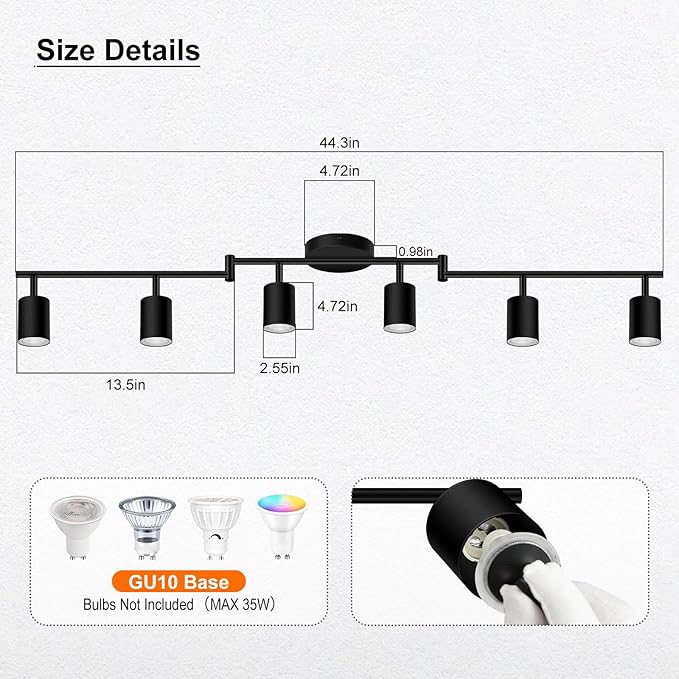 Track Lighting Fixture Ceiling, 44.3" Modern LED Track Lighting Kit, Black 6 Light Ceiling Light for Kitchen, Rotatable Spotlight Heads, Wall Mount Spot Lighting for Island/Bedroom(GU10, NO Bulb)