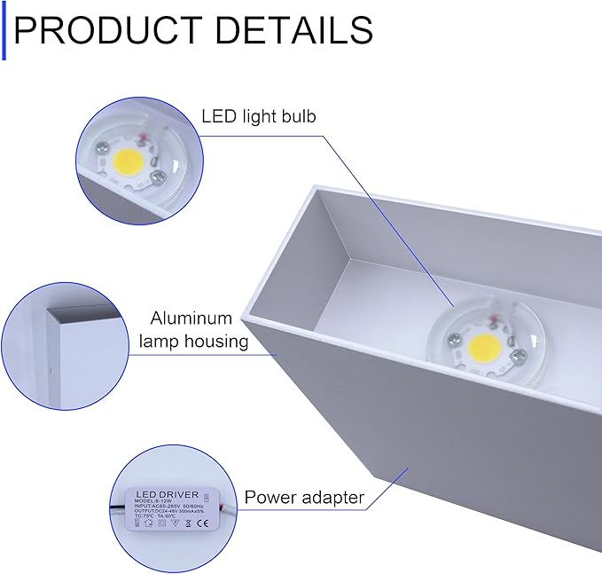 KICAAO LED Wall Sconces Set of Two, 12W Modern Wall Lamp, White Up Down Wall Mount Lights for Living Room Hallway Bedroom Decor, Hardwired Aluminum Wall lamp (White-1pcs)