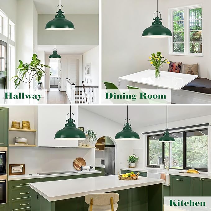 Green Dome Pendant Light, Green Pendant Light Kitchen Island 3 Pack, 11.41 Inch Farmhouse Pendant Lights, Hanging Light Fixture for Kitchen Island, Dining Room, Living Room