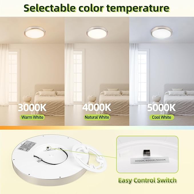 hykolity 9 Inch Selectable CCT LED Round Flat Panel Light, 18W 1800LM 3000K/4000K/5000K, Edge-Lit Flush Mount Ceiling Light Fixture for Kitchen, Bedroom, Laundry and Closet Room, Brush Nickel