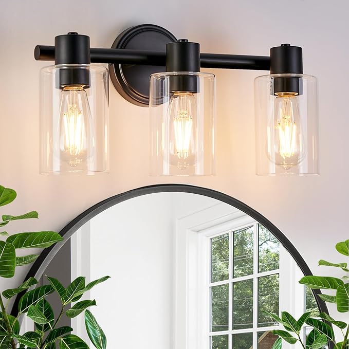 3 Light Bathroom Wall Light Fixtures Black Bathroom Wall Sconce with Clear Glass Lights Over Mirror Vanity Lights E26 Base