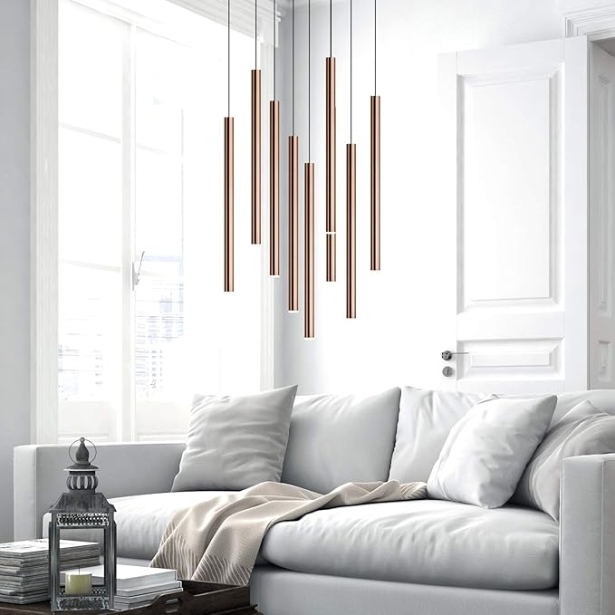 CANALIS 9 Mini Pendant Lighting Copper - LED Hanging Light Fixture for Kitchen Island, Bar, Foyer - Cluster Pendants - Dimmable, Adjustable Wire, Lamp Bulb Included
