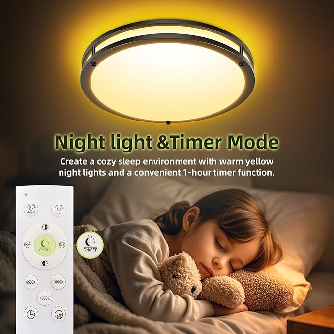 hepside Flush Mount LED Ceiling Light with Remote, Dimmable& 3000K-6500K Adjustable Ceiling Light Fixture, Timer, Night Light, 10 inch Black Ceiling Lamps for Kitchen Bathroom Bedroom Hallway