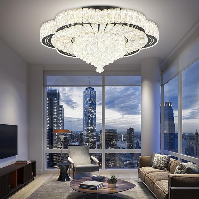 Modern Crystal Chandelier for Living Room Black 24in Crystal Raindrop Ceiling Light for Room Bedroom LED Dimmable 2700-6000K