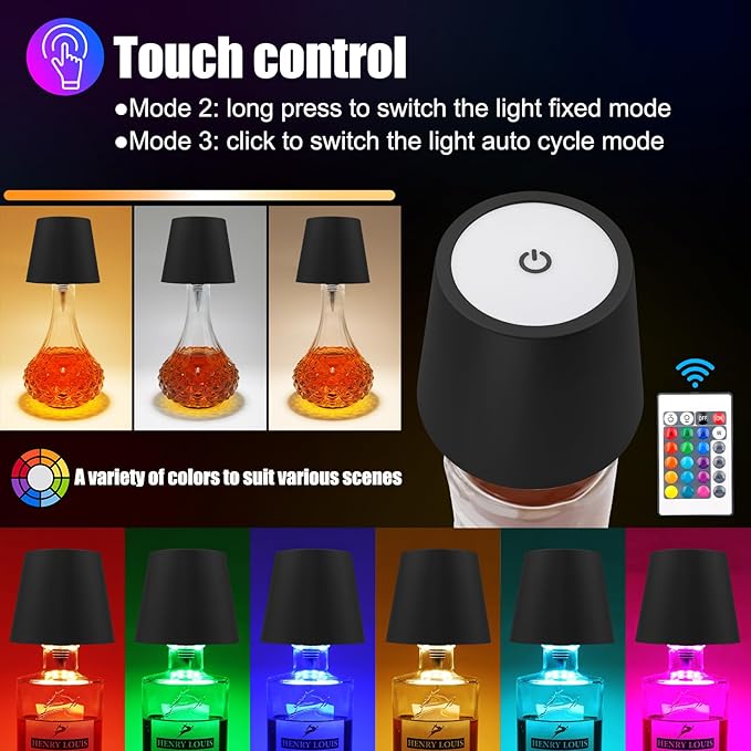 Wireless Bottle Lamp with Remote Control, Rechargeable RGB Wine Bottle with 3Modes Light Dimming, Waterproof Touch Lamp Head for Room, Bar, Restaurant and Party Decorations(Black RGB)